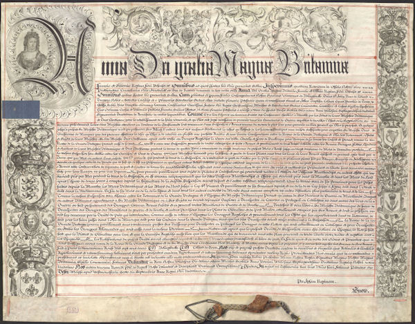 Tratado de Tregua y Amistad ajustado entre Francia e Inglaterra, con inclusión de España, concluido en París el 19 de agosto de 1712 y ratificado por S.M. el 1 de noviembre del mismo año.Pergamino. Latín. 940 x 730 mm.  AHN. ESTADO, MPD.1107.