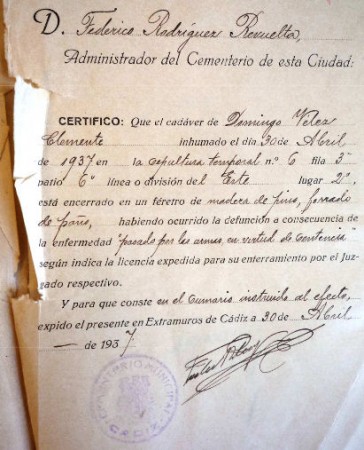 Certificado de inhumación de uno de los fusilados.
