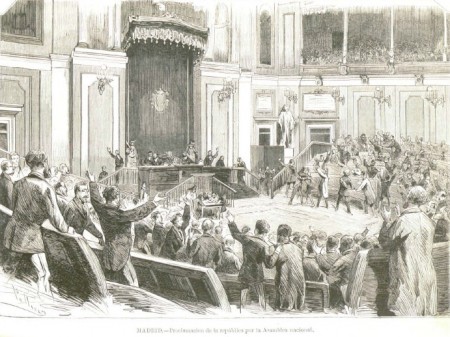 Proclamación de la Primera República española por la Asamblea nacional, el 11 de febrero de 1873 (La Ilustración Española y Americana).