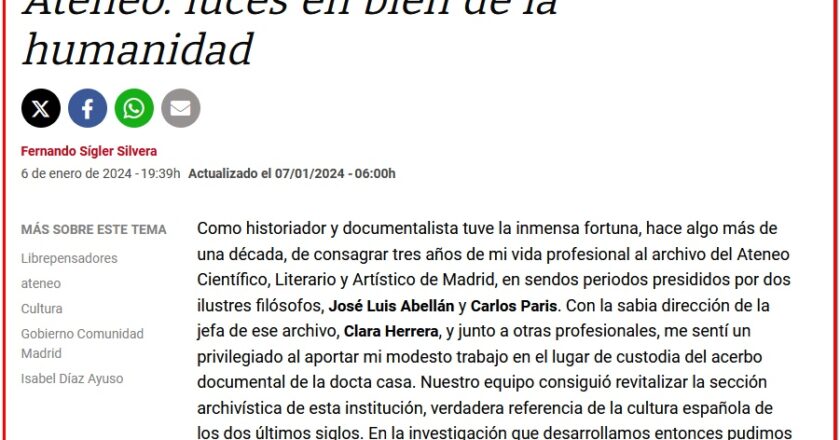 Artículo en infoLibre titulado Ateneo: luces en bien de la humanidad